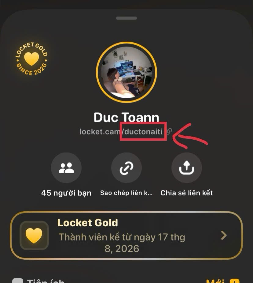 Vị trí username trên trang cá nhân Locket, nằm sau locket.cam/